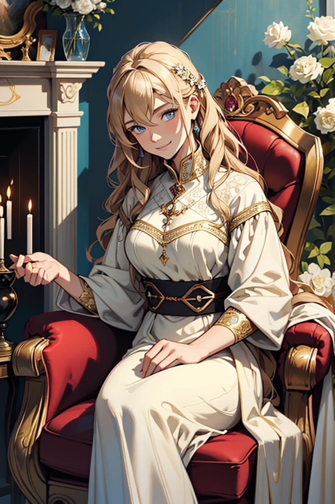 30 year old woman, with defined facial features, shy smile, long curly hair, pale gold color, blue eyes, wearing a dark red medieval nobility dress, sitting in a brown armchair, oil painting, above a fireplace, vases with white flowers, petrol blue color background