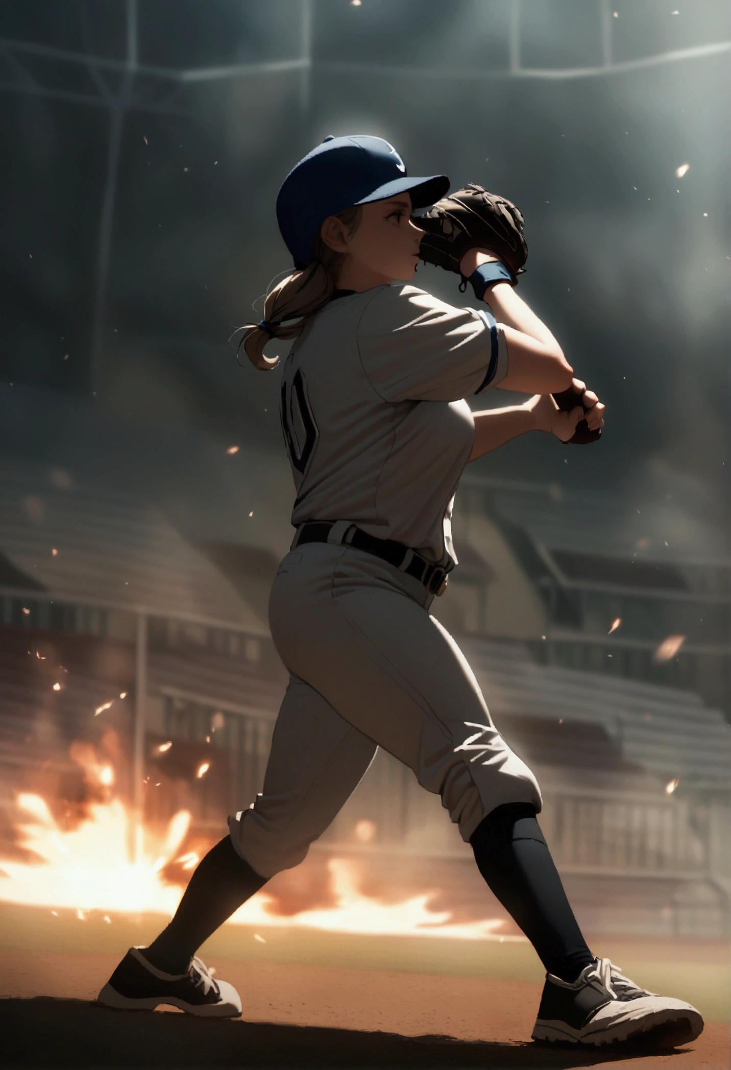 The moment when the female pitcher of baseball is pitching a baseball ball, full body shot, big breasts