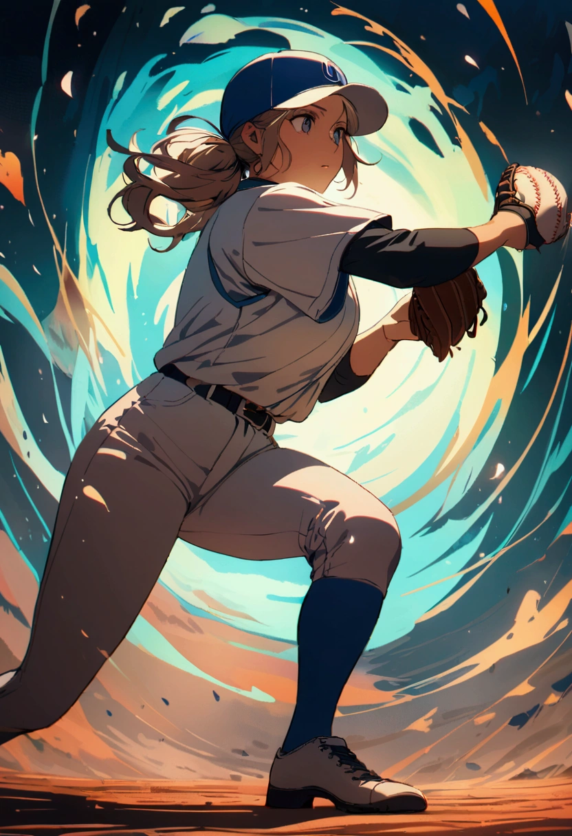 The moment when the female pitcher of baseball is pitching a baseball ball, full body shot, big breasts