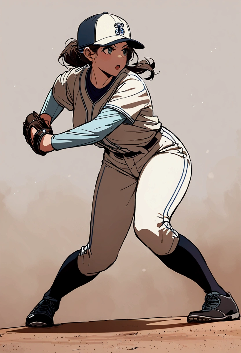 The moment when the female pitcher of baseball is pitching a baseball ball, full body shot, big breasts