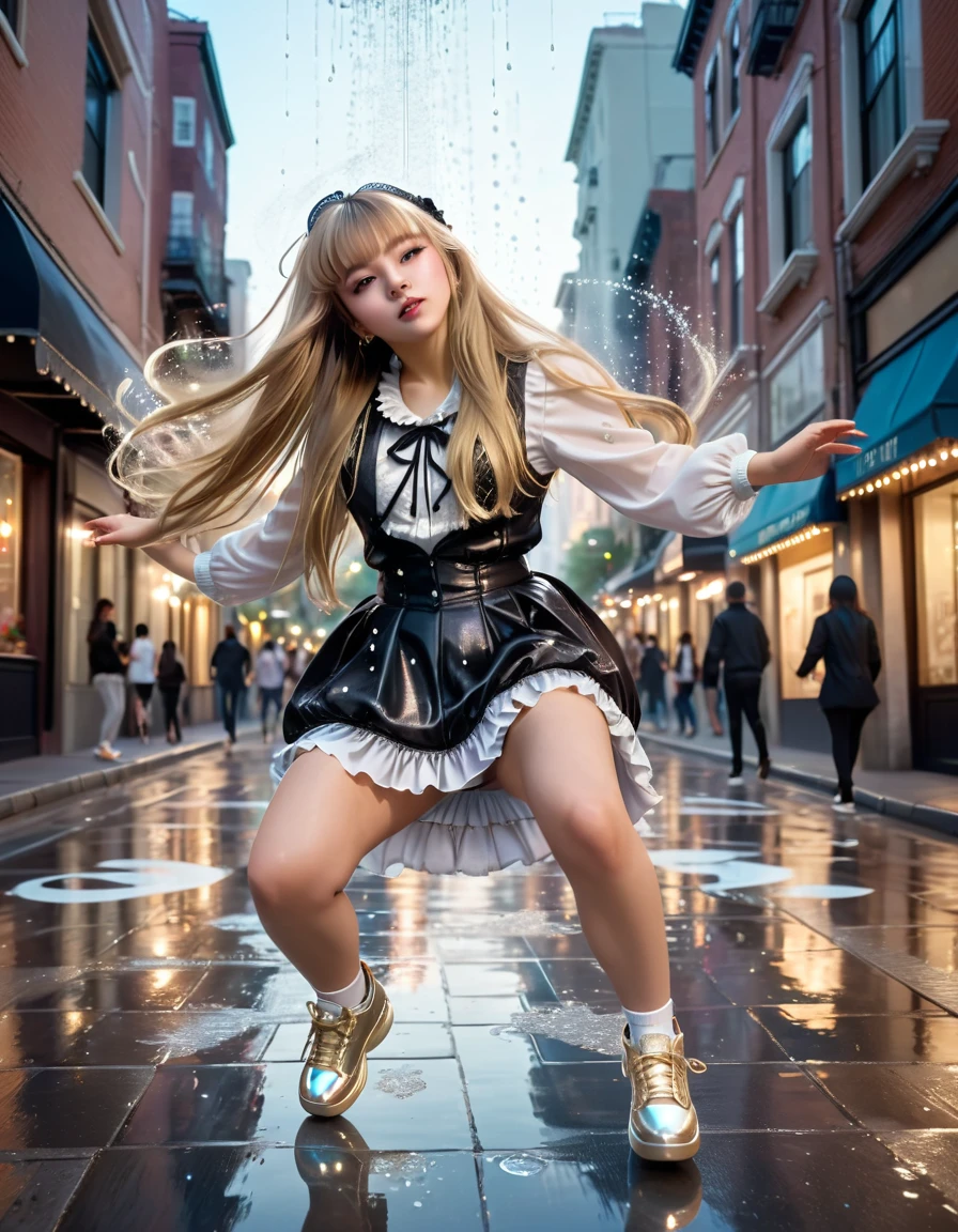 one beautifu girl breakdancing on the street,long straight gold ash hair,wearing Lolita fashion,(masterpiece), (best quality), (ultra-detailed), (illustration), (detailed light),(an extremely delicate and beautiful),city streets, city lights, water drops flying around her.natural light, wide angle shot, and high quality photo.