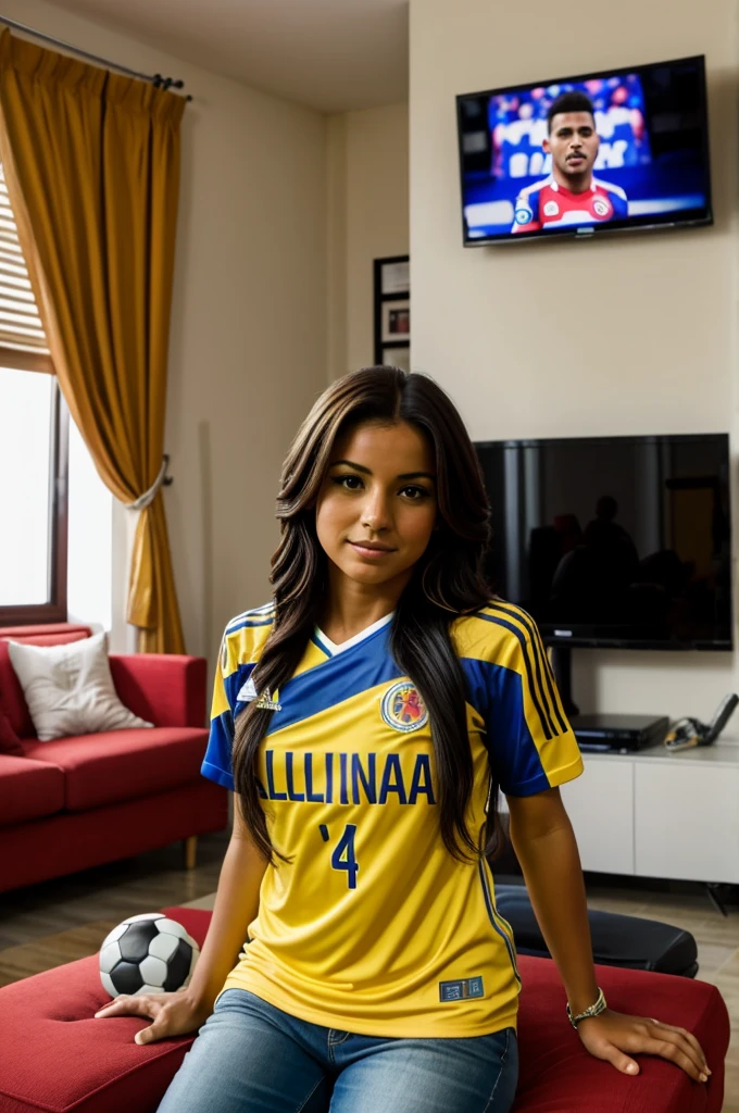 of course sitting on her back comfortably in her living room. He is watching a football match on television. He is wearing a Colombian national team shirt with the name "Carolina Lara" in the back