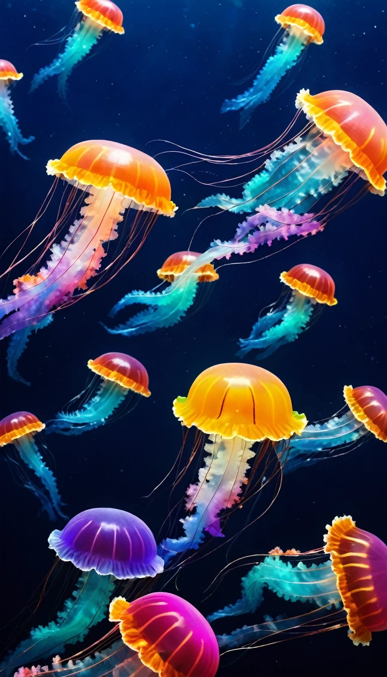 Many colorful jellyfish floating in the dark ocean
