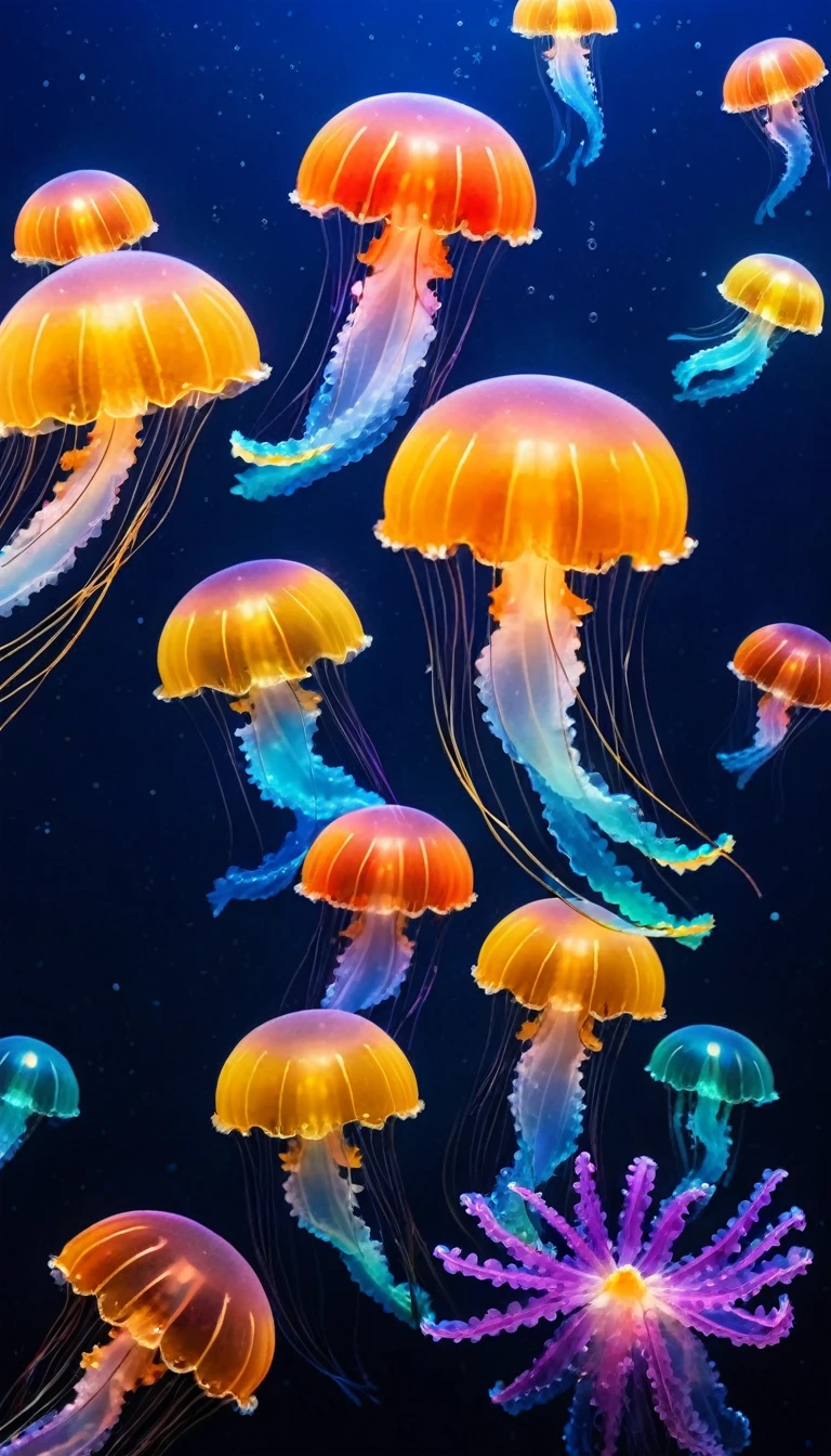 Many colorful jellyfish floating in the dark ocean