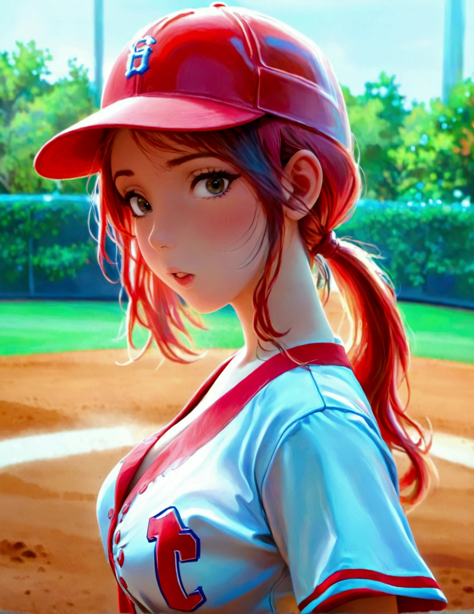 A cute woman (sexy baseball uniform, hair in ponytail), sliding  into 3rd base, show her entire body, camera low to ground
