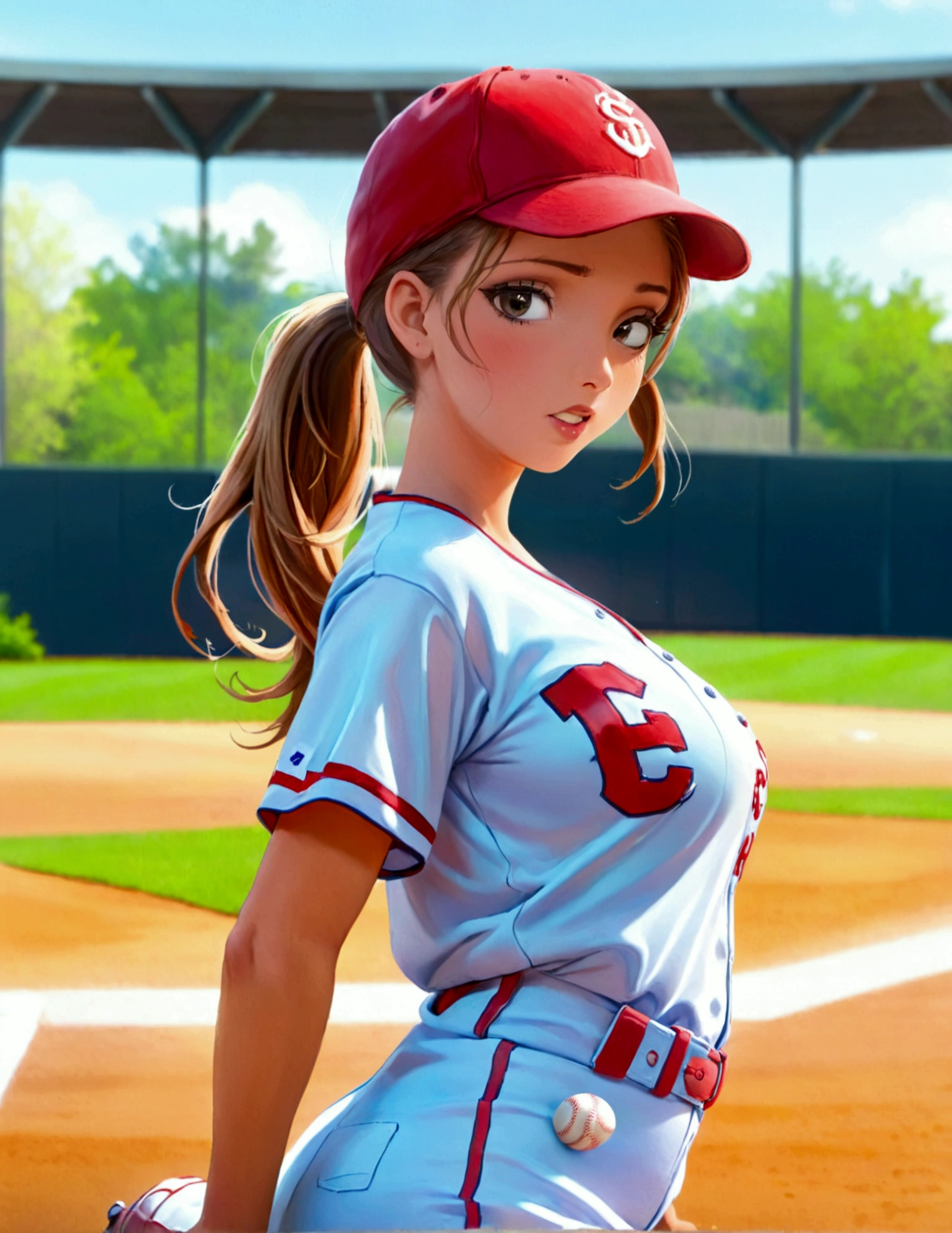 A cute woman (sexy baseball uniform, hair in ponytail), sliding  into 3rd base, show her entire body, camera low to ground

