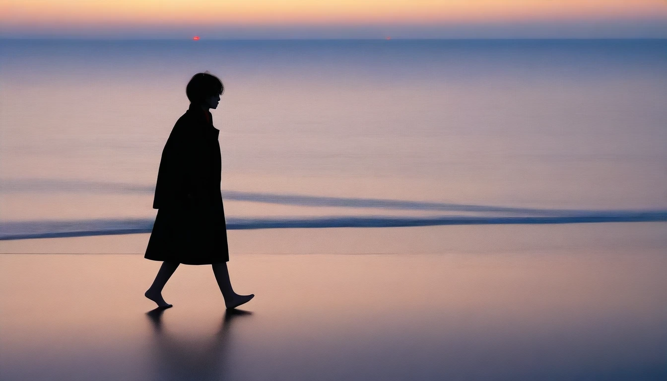 8K, Vivid picture quality, long deserted beach, walking from afar, woman with short hair covering her neck, Black trench coat, red light of sunset, sunset, alone, afternoon, depressed, tide가 밀려온다, ocean, tide, wind, short korean girl, 잔잔한 tide, Barefoot waiting to start