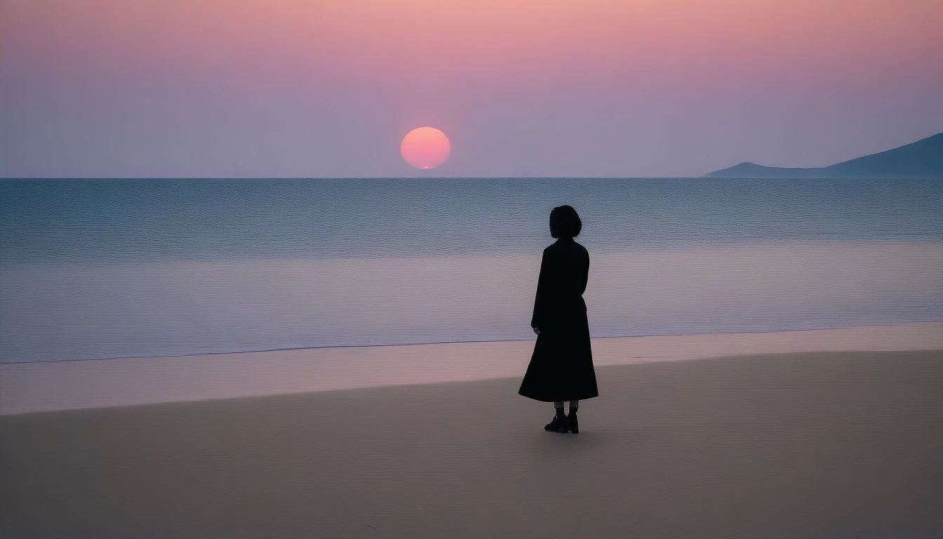 8K, Vivid picture quality, long deserted beach, walking from afar, woman with short hair covering her neck, Black trench coat, red light of sunset, sunset, alone, afternoon, depressed, tide가 밀려온다, ocean, tide, wind, short korean girl, 잔잔한 tide, Barefoot waiting to start