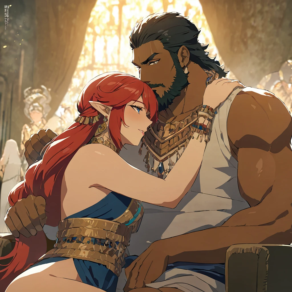 ((Highest quality)), ((masterpiece)), (detailed), (Perfect Face)、The woman is Queen Zelda of the Gerudo tribe, she has blonde hair, blue eyes, wears the gorgeous dress of the Gerudo queen, and loves the man dearly.、The man is a dignified, middle-aged man of the Gerudo tribe, bearded, muscular, red-haired, dark-skinned King Ganondorf, king of the Gerudo tribe, dressed in the luxurious clothing of the Gerudo king, and loving women.、A man and woman are kissing close together on the luxurious throne of the Gerudo royal family.、A queen and a king in love、The woman has red hair and is holding a brown-skinned baby.