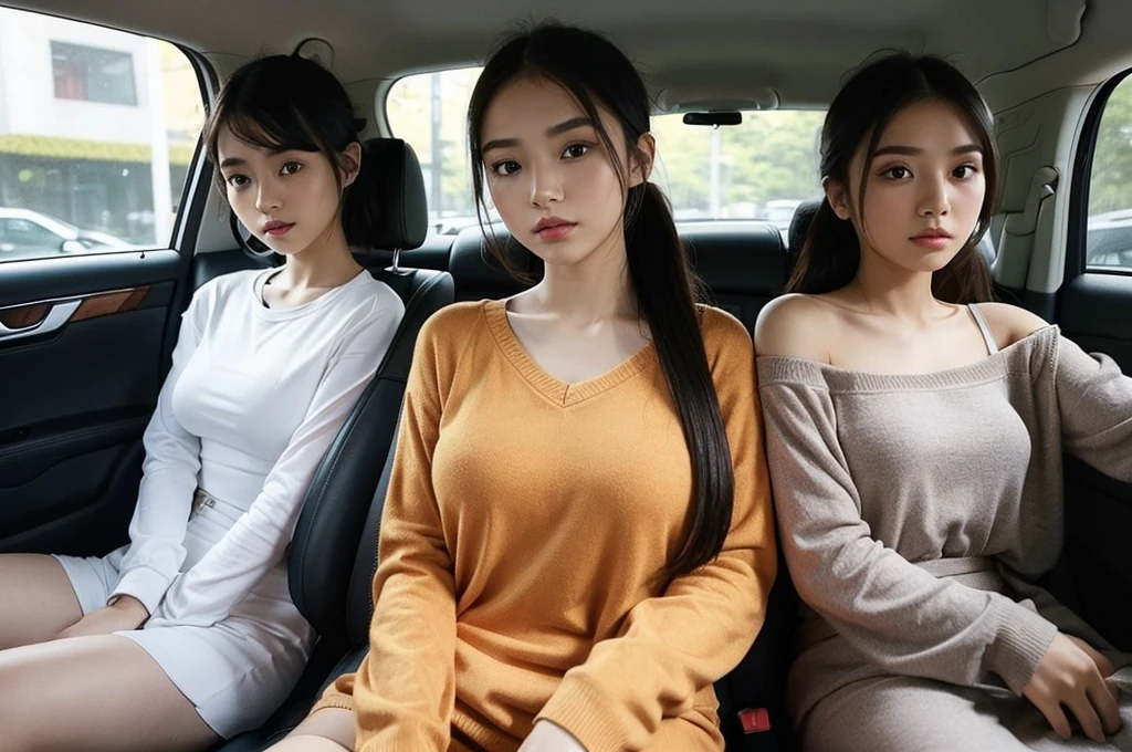 Indonesian girl 19-year-old Hairstyle fashion Casual, F Cup Breasts wearing crewneck dress in car and driving the car with her friend. Her sit at driving seat and her friend sit at passenger seatwhich is next to the driver's seat