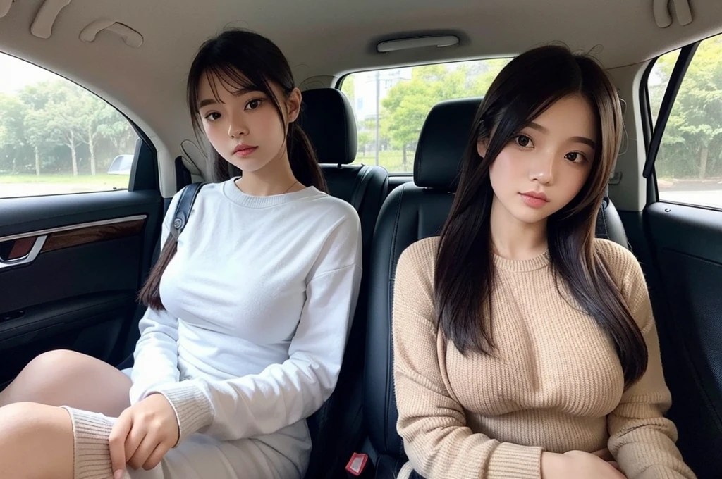 Indonesian girl 19-year-old Hairstyle fashion Casual, F Cup Breasts wearing crewneck dress in car and driving the car with her friend. Her sit at driving seat and her friend sit at passenger seatwhich is next to the driver's seat