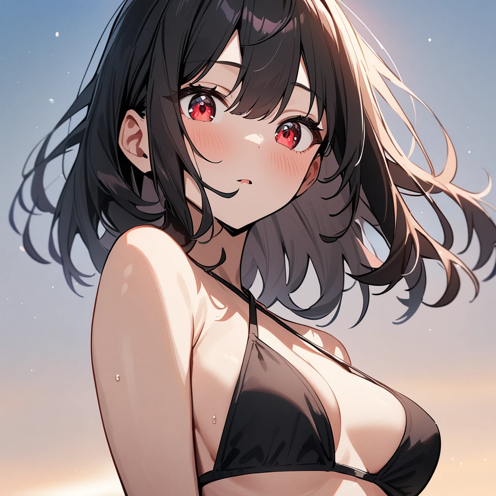 1 girl,Solo,upper body,black hair,red eyes,bare breasts,Criss Cross,Bikini,masterpiece,best quality,very aesthetic,absurdres 