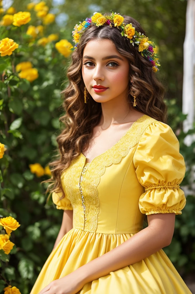 ( yellow dress with puff sleeves square neckline with lace details) (light brown curly hair flower tiara on head) (big blue eyes lips with red lipstick) (He has a yellow rose in his hand) (in the other arm a basket of colorful flowers) (in the background a sunny day with visible sun rays) (represents a gypsy with many powers) (antique photo)