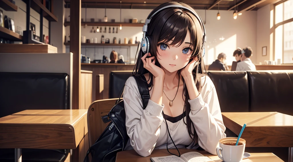 Girl with headphones enjoying music in a cafe I am studying Emphasize a little bit of the chest