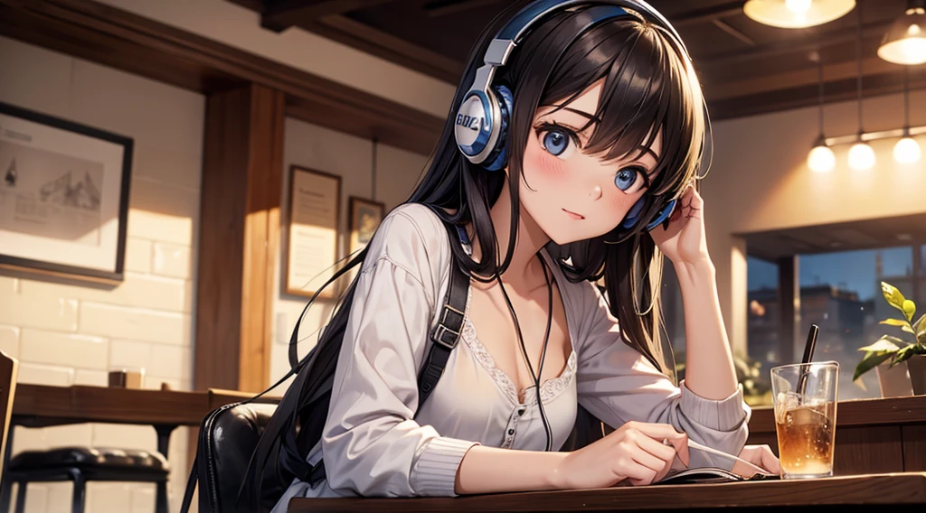 Girl with headphones enjoying music in a cafe I am studying Emphasize a little bit of the chest