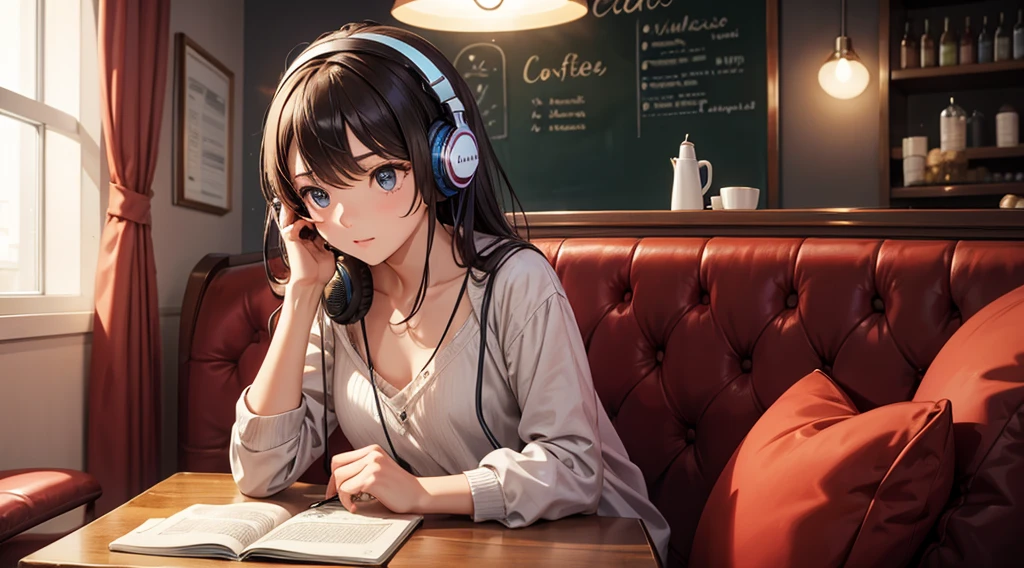 Girl with headphones enjoying music in a cafe I am studying Emphasize a little bit of the chest
