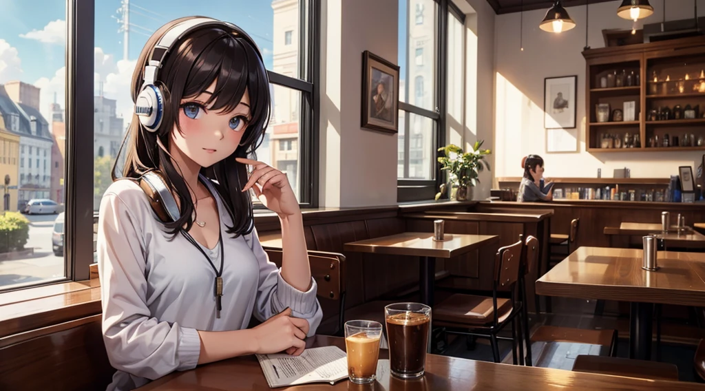 Girl with headphones enjoying music in a cafe I am studying Emphasize a little bit of the chest