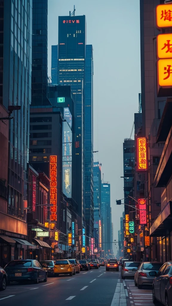 The image shows、Please describe the atmosphere of an office district at night.。skyscrapers lit up、Neon signs and street lights quietly grow brighter、There is complete silence。Warm lights shine from the windows of the building.、There is no sign of anyone。The sky changes from deep blue to black、Stars are scattered。There was no sign of a car passing by on the road.、There are no taxis or buses in sight.。just、The lights of the buildings and absolute silence、It characterizes the landscape of the office district.。