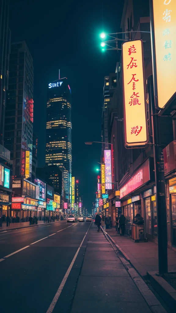 The image shows、Please describe the atmosphere of an office district at night.。skyscrapers lit up、Neon signs and street lights quietly grow brighter、There is complete silence。Warm lights shine from the windows of the building.、There is no sign of anyone。The sky changes from deep blue to black、Stars are scattered。There was no sign of a car passing by on the road.、There are no taxis or buses in sight.。just、The lights of the buildings and absolute silence、It characterizes the landscape of the office district.。