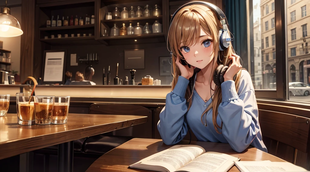 Girl with headphones enjoying music in a cafe I am studying Emphasize a little bit of the chest