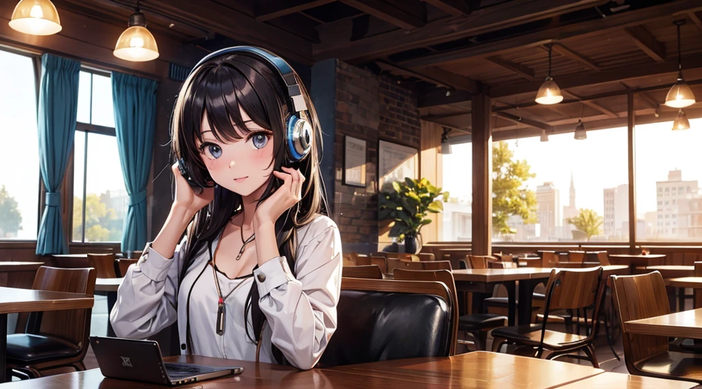 Girl with headphones enjoying music in a cafe　I am studying　Emphasize a little bit of the chest