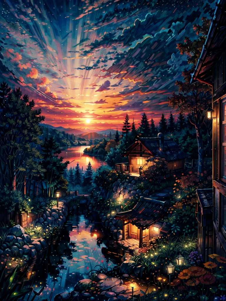 a hut surrounded by trees, line art, pretty sky, cart, shadow, shade, fall season, ghibli style, flowers, stone, lake, reflection, no humans, scenery, outdoors, sky, cloud, building, sign, house, window, plant, cloudy sky, bush, sunset, masterpiece, high resolution