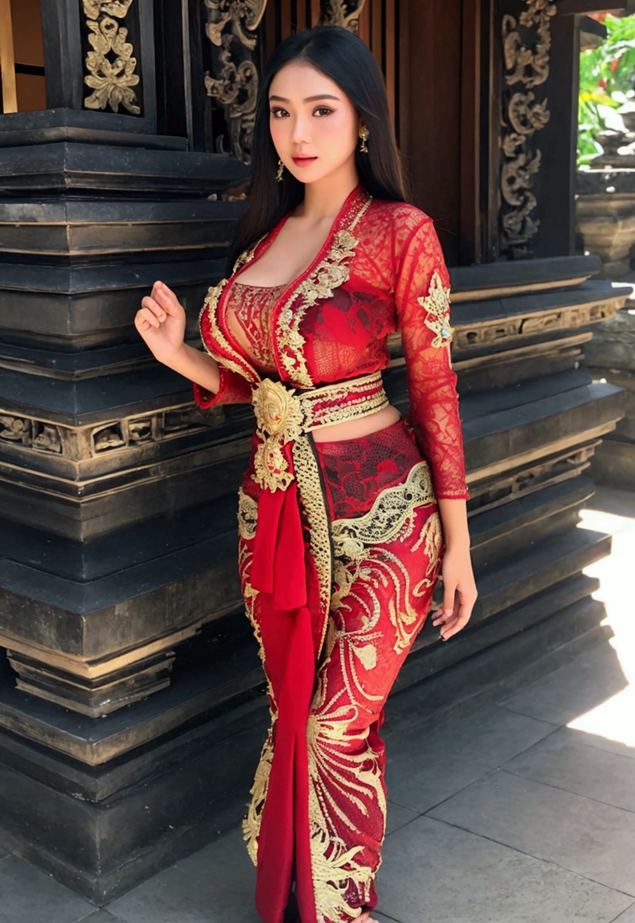 masterpiece, malaysian girl, indonesian girl ,ultra realistic,32k,intricate details, sharp focus, realistic, closed, seductive pose, black eyes, jewelr, lips, realistic, looking_at_viewer, wet skin, shiny skin, SHORT SLEVES, indonesian clothes, bali, balinese, cityscape, transparent standing pose,(( red kebaya)),perfect breast, big breast, full body,busty body,curvy body,long hair,beauty face,cowboy shot,