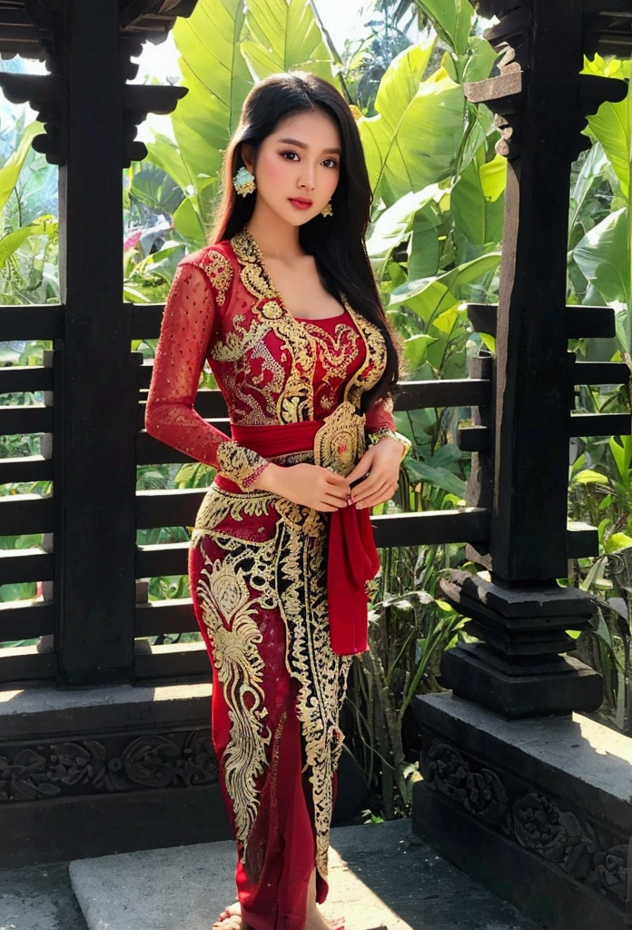 masterpiece, malaysian girl, indonesian girl ,ultra realistic,32k,intricate details, sharp focus, realistic, closed, seductive pose, black eyes, jewelr, lips, realistic, looking_at_viewer, wet skin, shiny skin, SHORT SLEVES, indonesian clothes, bali, balinese, cityscape, transparent standing pose,(( red kebaya)),perfect breast, big breast, full body,busty body,curvy body,long hair,beauty face,cowboy shot,