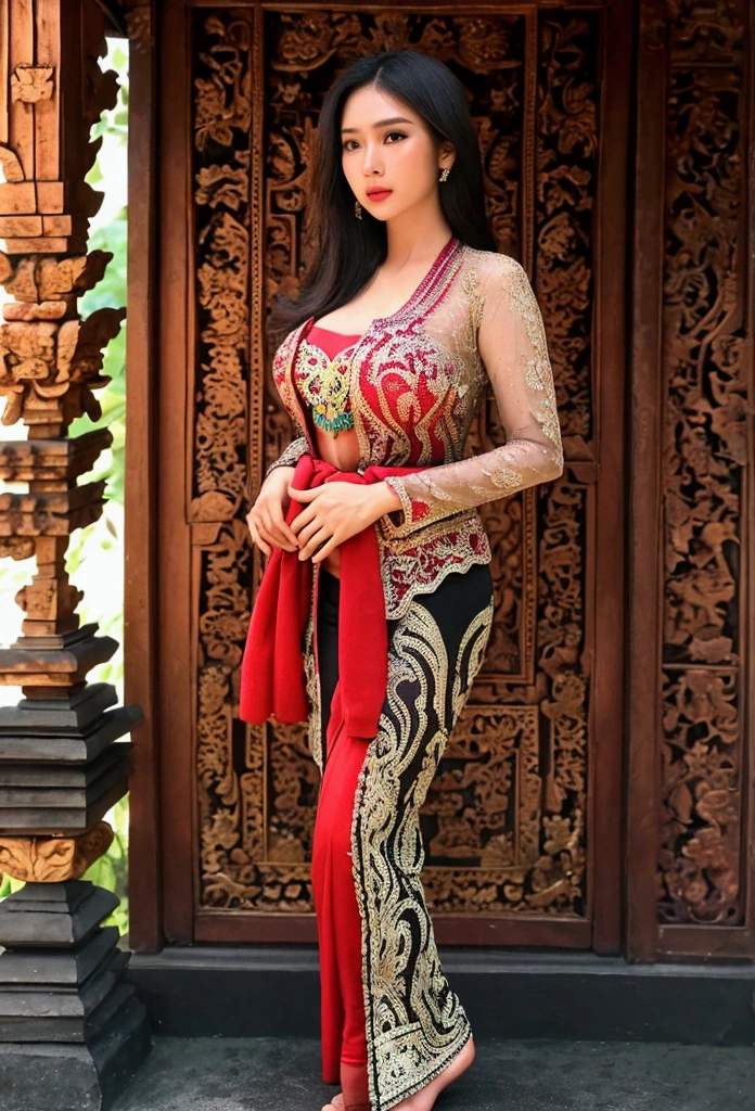 masterpiece, malaysian girl, indonesian girl ,ultra realistic,32k,intricate details, sharp focus, realistic, closed, seductive pose, black eyes, jewelr, lips, realistic, looking_at_viewer, wet skin, shiny skin, SHORT SLEVES, indonesian clothes, bali, balinese, cityscape, transparent standing pose,(( red kebaya)),perfect breast, big breast, full body,busty body,curvy body,long hair,beauty face,cowboy shot,