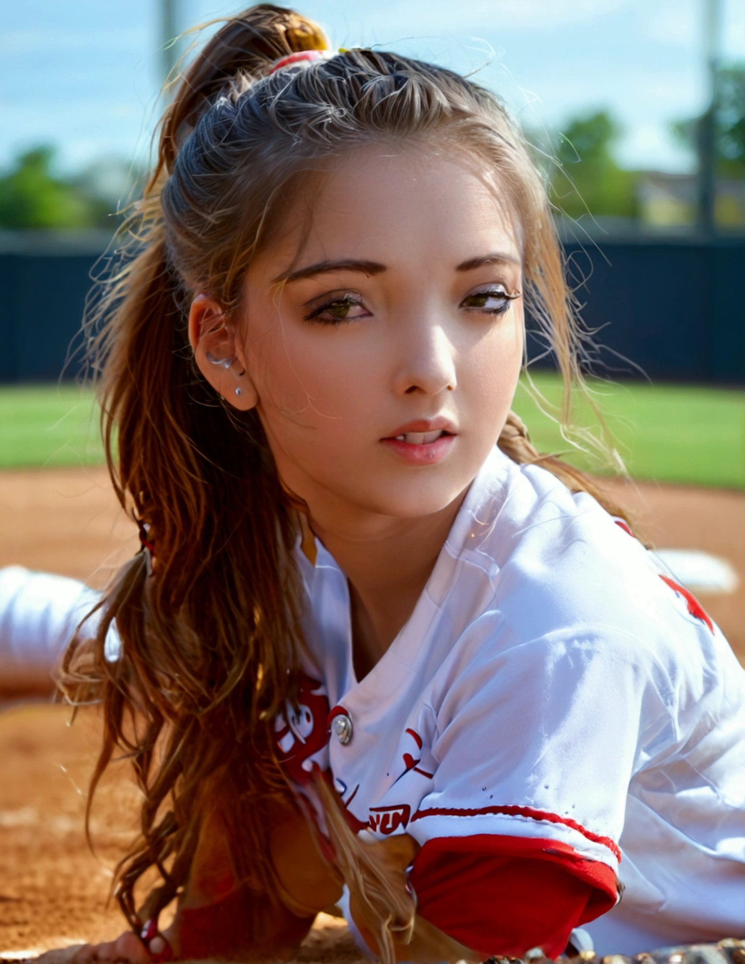 A cute woman (sexy baseball uniform, hair in ponytail), sliding into 3rd base, show her entire body, camera low to ground
