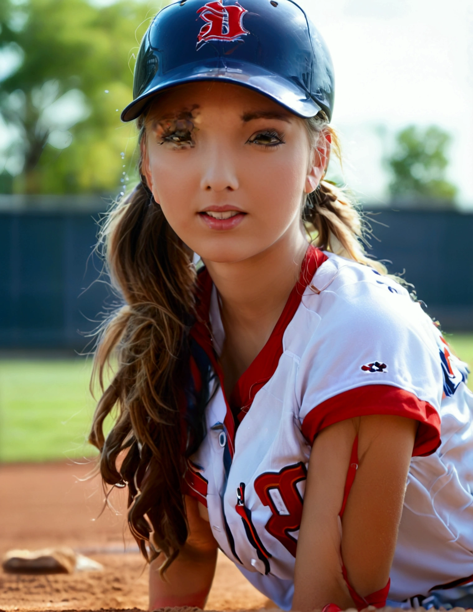 A cute woman (sexy baseball uniform, hair in ponytail), sliding into 3rd base, show her entire body, camera low to ground