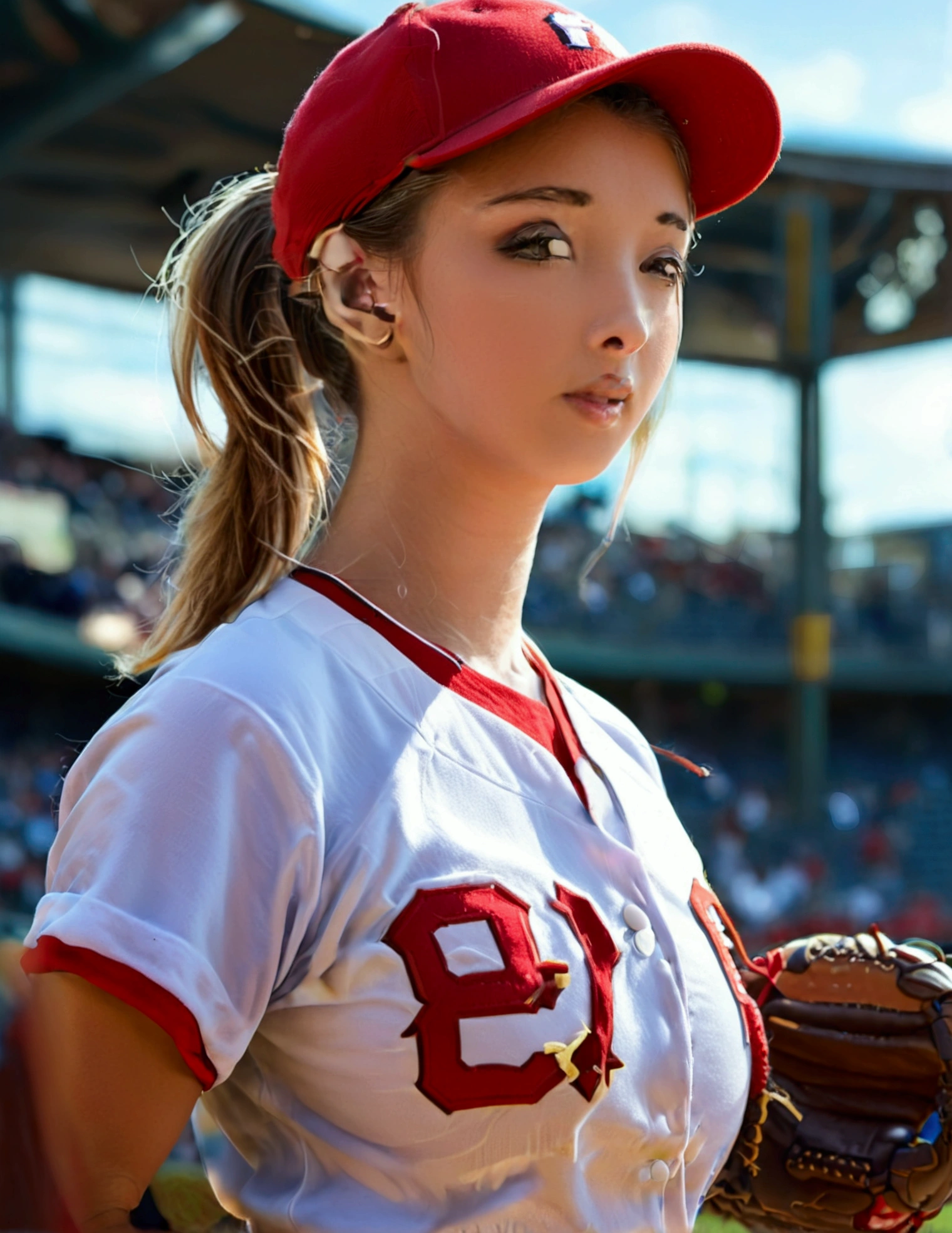 A cute woman (sexy baseball uniform, hair in ponytail), sliding into 3rd base, show her entire body, camera low to ground