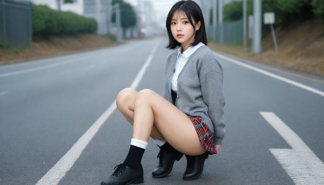 8K, Ultra-high resolution, Highest quality, masterpiece, 三分割法によるphotograph,Surreal, photograph, 1 Girl, (:1.3), pretty girl, Cute face, Beautiful eyes in every detail, 細かくdetailedに,masterpiece,One Girl:1.2, Japan Female Announcer,whole body,from below,Fearful expression,Black Hair,Messy hair,Cyber city of the near future,Wearing a cardigan sweater on your back、Girl crouching in the middle of the road, Plaid pencil skirt, High socks and black shoes,Beautiful leg line beauty,Realistic Skin, Perfect and beautiful face ,完璧でCute face, Skin with attention to detail, Perfect limbs、Narrow waist、Thin legs),Looking at the audience、beauty,Long neck、(((Ideal body type))),A cup small breasts :2,Portraiture:2,Perfect Anatomy,鮮明なdetailed,detailed,Surreal,Light and shadow,darkness