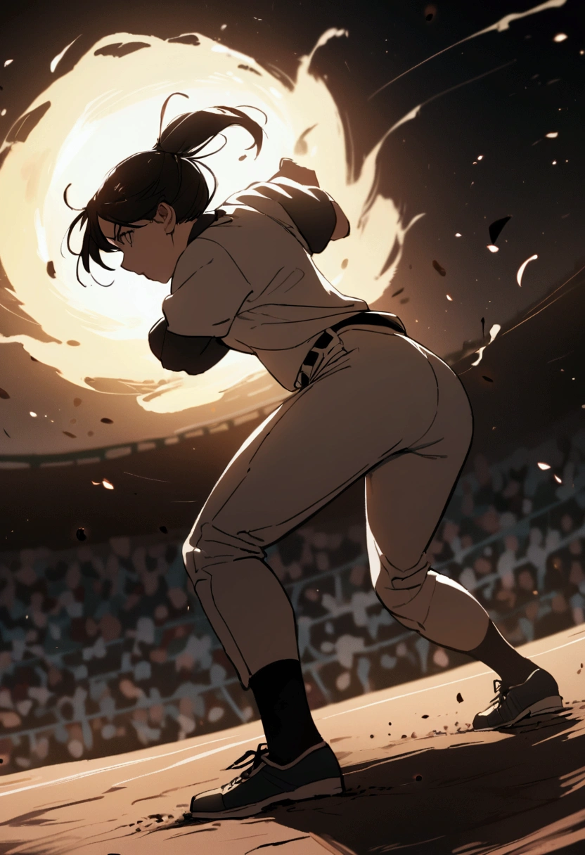 The moment when the female pitcher of baseball is pitching a baseball ball, full body shot, big breasts