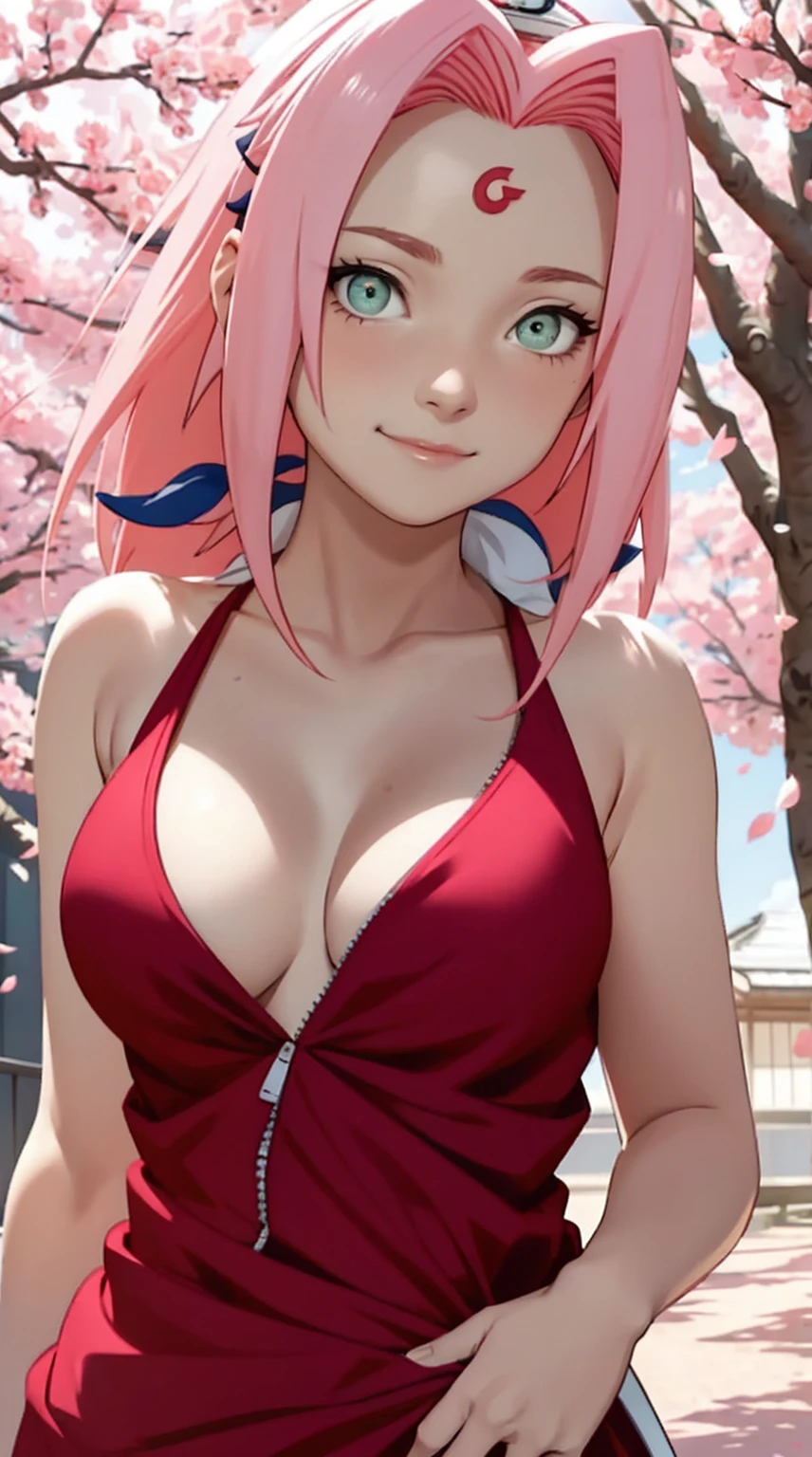 tmasterpiece， Best quality at best， 1girll， Sakura Haruno， Large breasts，(upperbody closeup)，Raised sexy，is shy，ssmile，with pink hair， long whitr hair， （Green eyeballs:1.4)， Forehead protection， the cherry trees，Cherry blossoms flying，slutty red micro bikini,