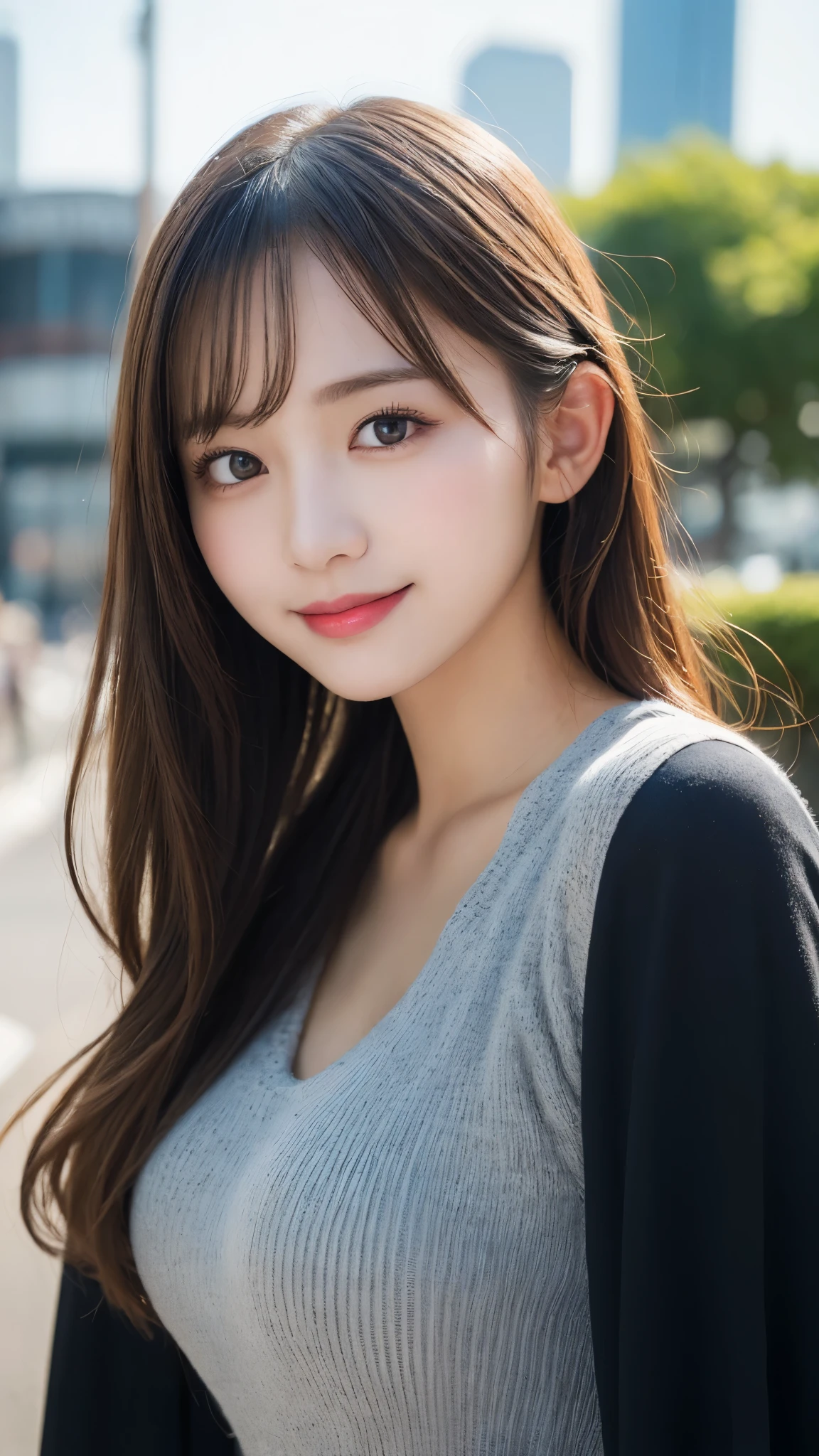 masterpiece, best quality, illustration, ultra-detailed, finely detailed, high resolution, 8K wallpaper, perfect dynamic composition, beautiful detailed eyes, summer blouse setup clothes, medium hair, small breasts, natural color lips, bold sexy poses, smile, Harajuku, 18 years old girl, cute, sexy shot, looking at camera