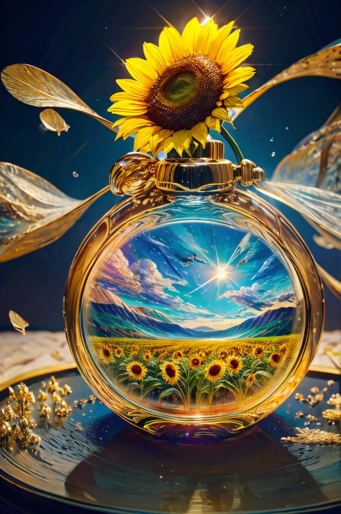masterpiece、Highest quality、(A delicate and beautiful sunflower field trapped in a bottle)、World Masterpiece Theatre、High-resolution equirectangular projection、Highest quality、Consciousness upward、Material、canvas、Oil、realism、Realistic,wonderful景色,An atmosphere full of dreams and hope,masterpiece.16K, Ultra-high resolution, Ultra-high resolution, to be born,wonderful ,future、Iridescent、The world 30 years from now。