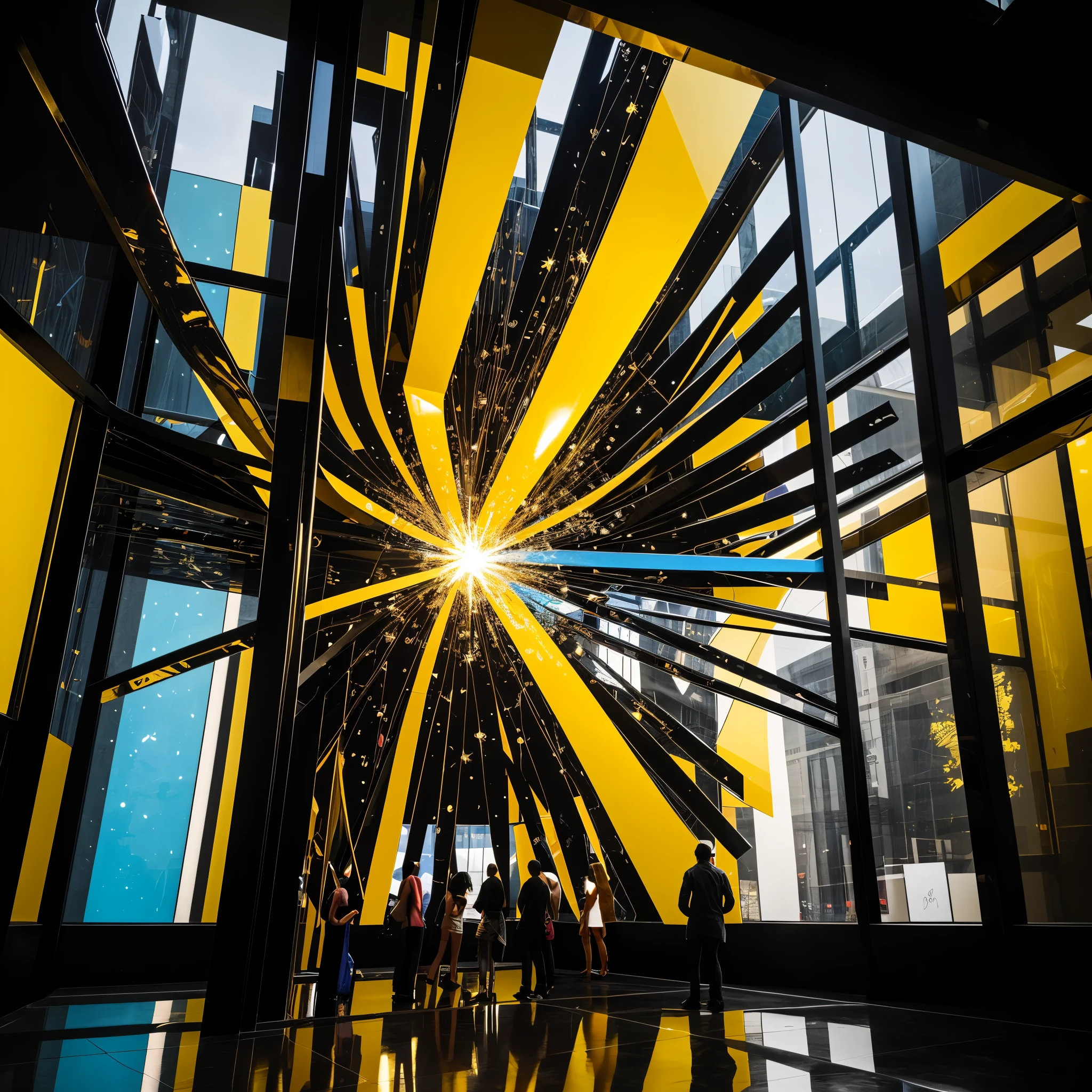 abstract sculpture, contemporary art, designed as explosion of stars, plastic material, glossy metal material, intricate design, dynamic, futuristic, shiny surfaces, reflective, modern art, vibrant colors, complex structure, three-dimensional, artistic installation, gallery display, innovative design, yellow and black theme,