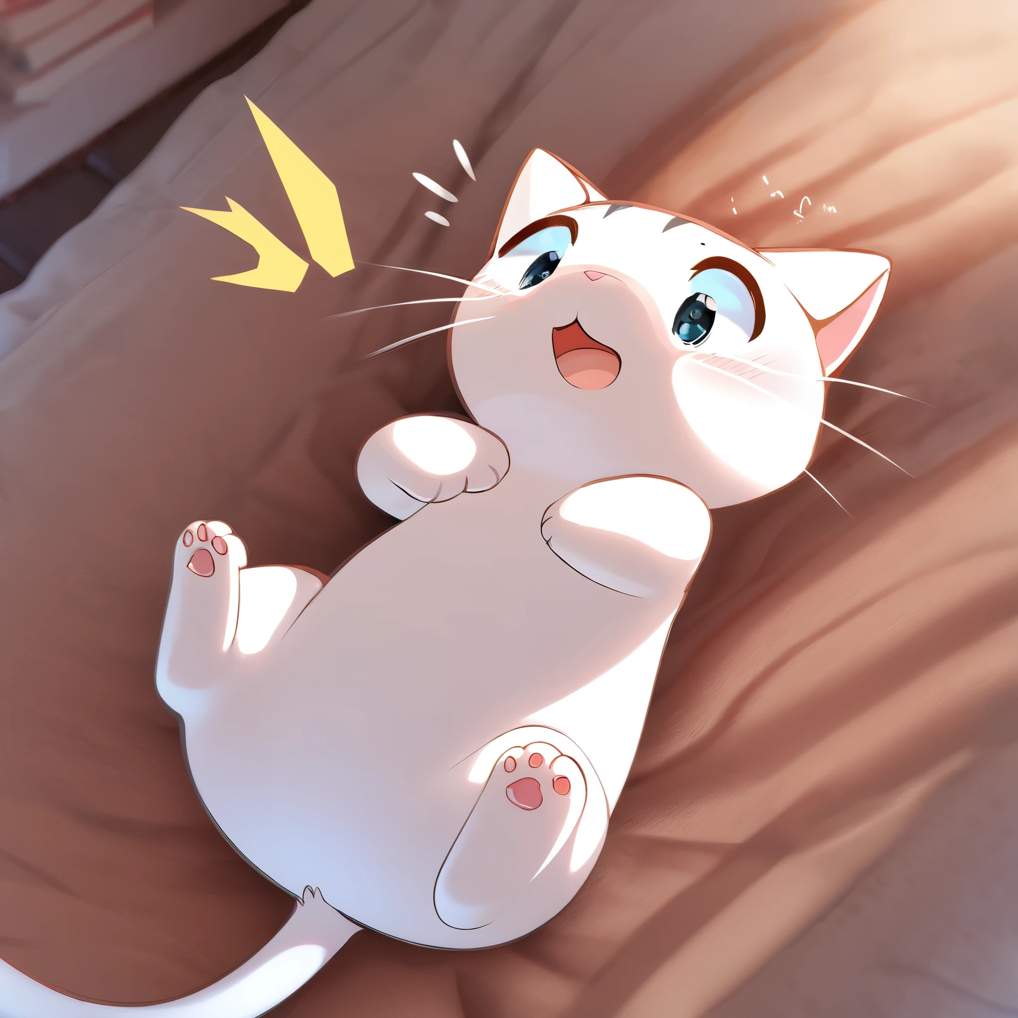 2.5D, delicate and dynamic, cute cat lying on its back, eyes wide open and surprised expression, arms and hands wide open