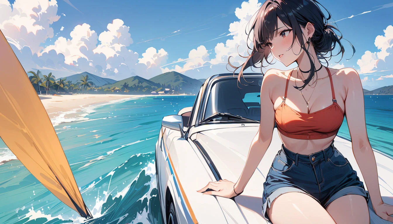 (masterpiece, Highest quality:1.2), 1 Girl, alone,Eyes open,Are you having fun,Tropical atmosphere,Riding in a car near the sea