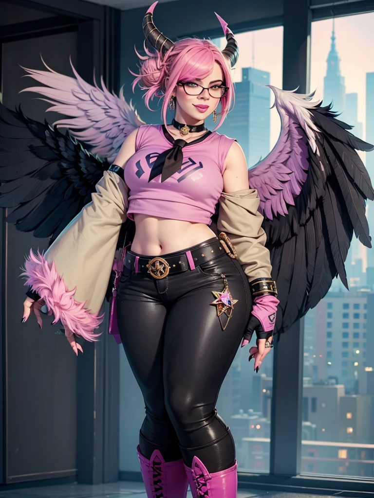 (masterpiece, best quality:1.2), 1girl, solo, city background, haze \(fortnite\), Harpy Haze From fortnite, 1girl, earrings, glasses, hat, jewelry, lips, long hair, looking at viewer, makeup, nail polish, pink eyes, pink hair, pink nails, smile, sunglasses, tinted eyewear, belt, black pants, crop top, eyeshadow, midriff, navel, pants, choker, fingernails, round eyewear, sharp fingernails, standing, black feathers, black headwear, hoop earrings, horned headwear, horns, denim, winged arms, feather trim, star \(symbol\), elbow gloves, dark pink lips, feathers, heels, shoes, angel wings, bangle, black wings, crop top overhang, feathered wings, harpy, low wings, multicolored hair, multicolored wings, pink wings, wings, fingerless gloves, shirt, long fingernails, boater hat, bootcut pants, leather pants, sleeves, black sleeves,
