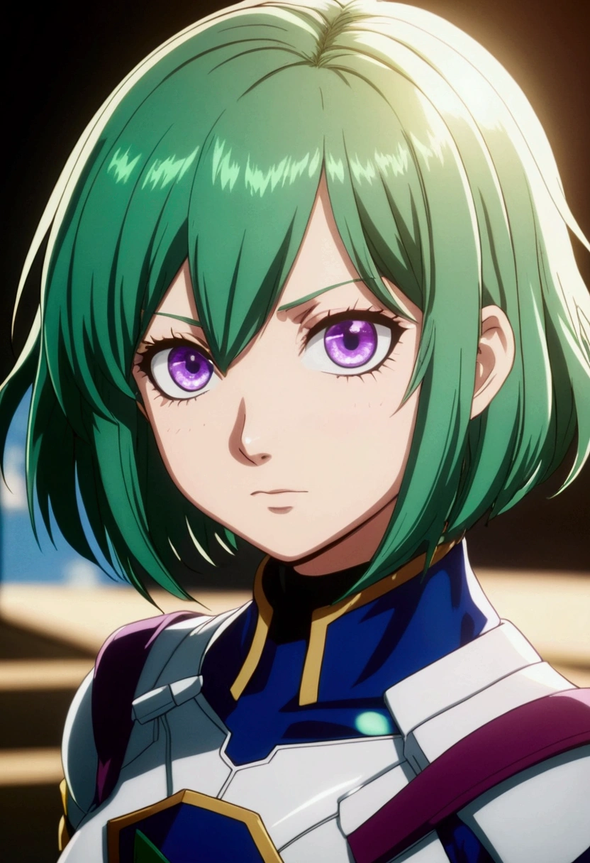 Screenshot Boku no Hero Academia
. girl with short straight green hair. triangular blue eyes. very marked purple circles under the eyes. Skinny body