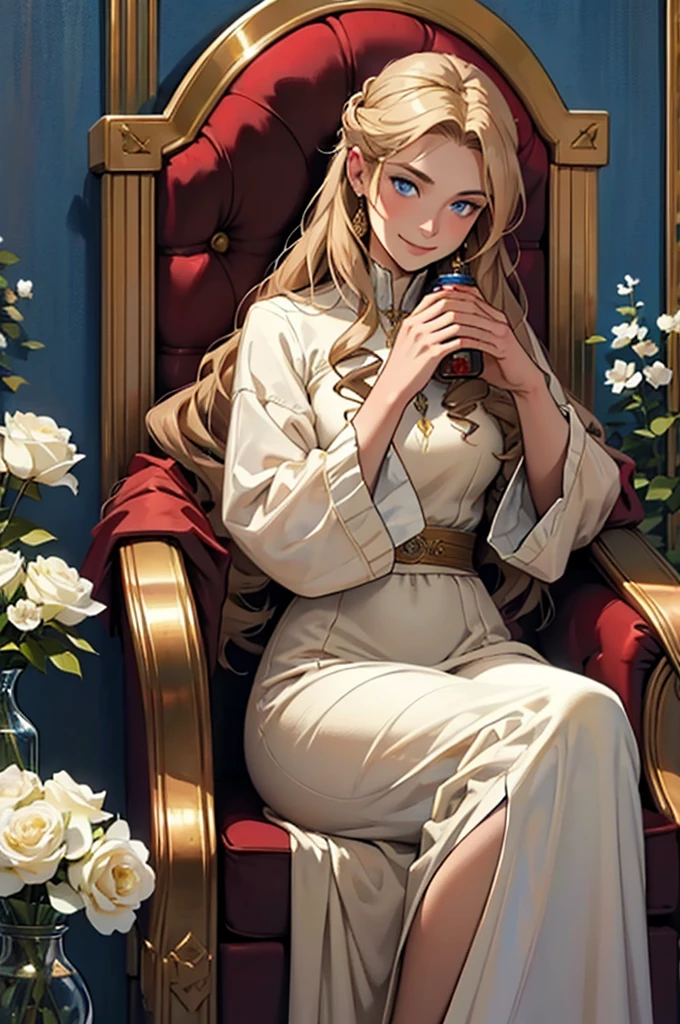 30 year old woman, with defined facial features, shy smile, long curly hair, pale gold color, blue eyes, wearing a dark red medieval nobility dress, sitting in a brown armchair, with hands in lap, oil painting, above a fireplace, vases with white flowers, petrol blue color background