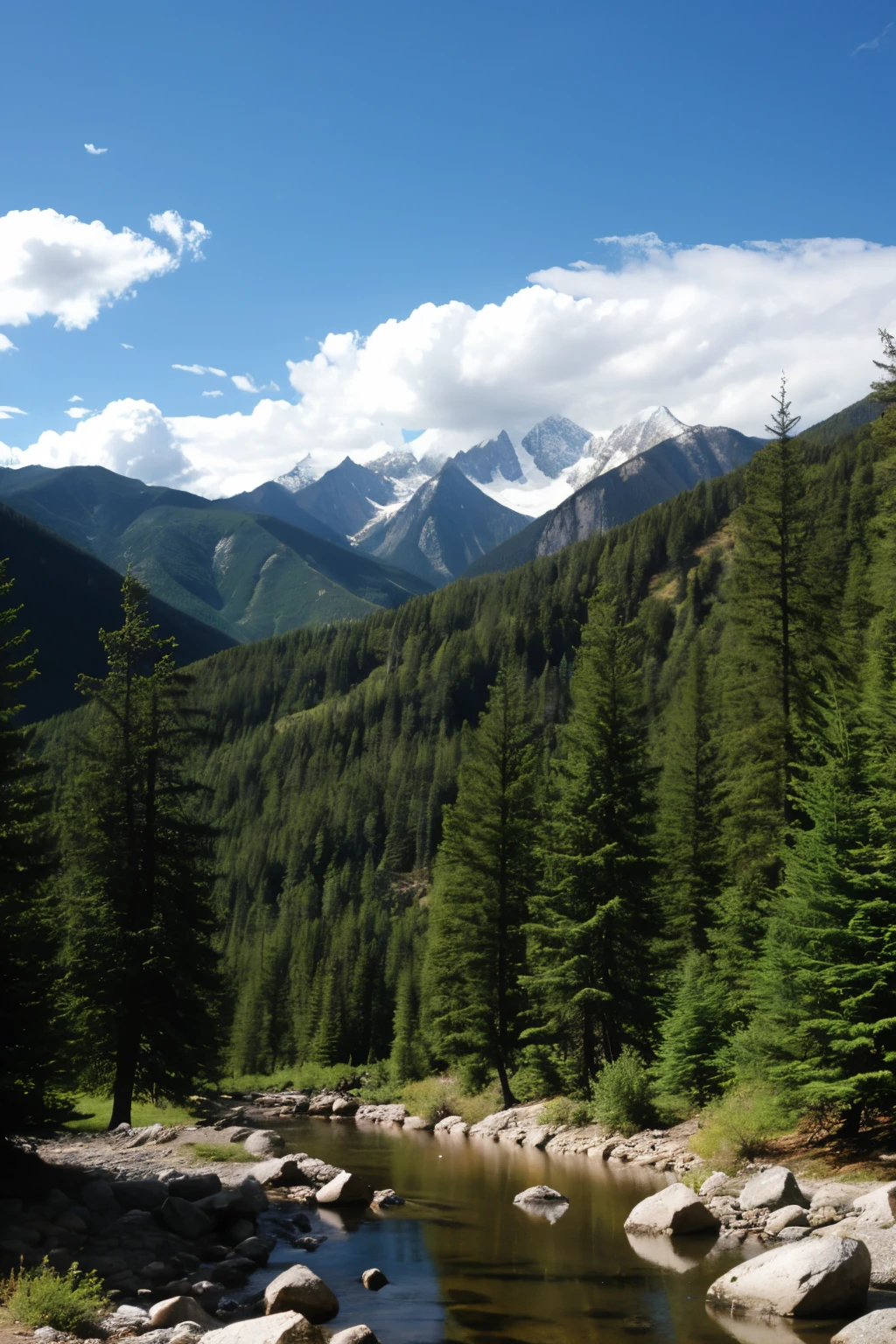 landscape with mountains, stream, Pine trees and clouds