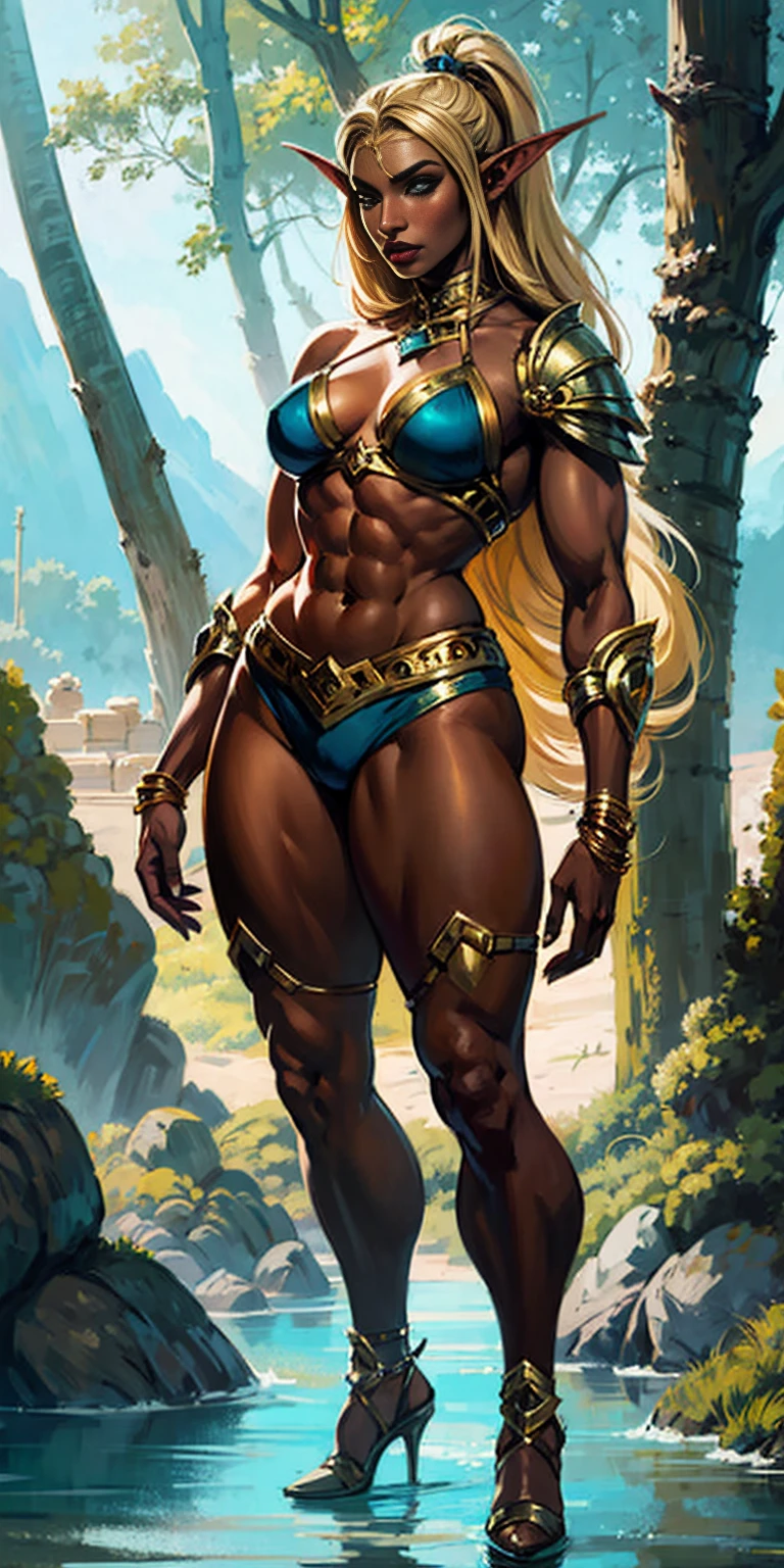 Extremely detailed Artgerm style: This sets the overall artistic style with a high level of detail. Fantasy art: This specifies the genre. Goddess of the green forest: This defines the character's role and gives context to the setting. Woman with long, elf ears: This incorporates the elf features. Black skin: This specifies the character's race. Ornate bikini armor: This combines the skimpy clothing with a fantastical, protective element. Blue high heels standing straight symmetrical: This suggests the color of the bikini and potentially the water body. Long, messy blonde hair: This adds a detail that contrasts the Artgerm style, which is typically more polished for hair.