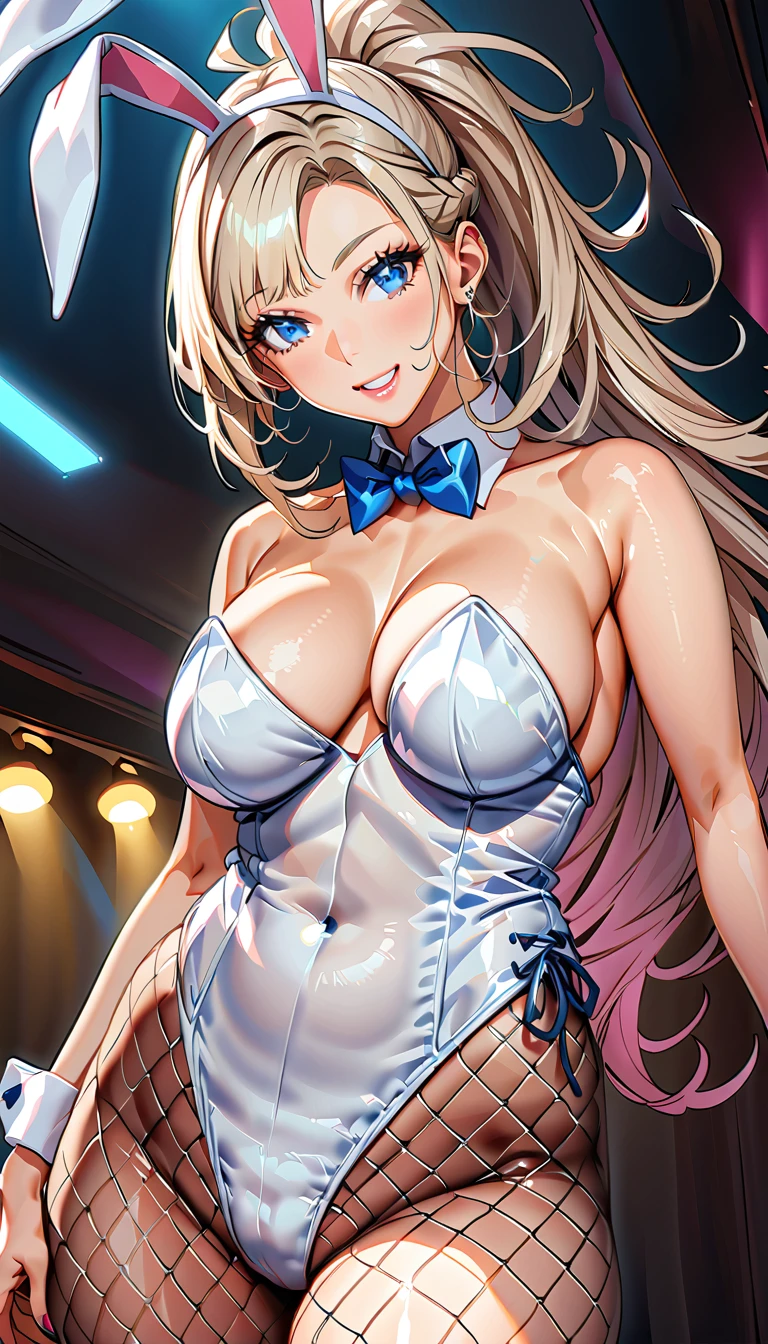 (Highest quality:1.2, High detail, masterpiece:1.2, Best aesthetics), (1 Girl), Cowboy Shot, ((Playboy Bunny, Fishnet tights:1.2, Bunny ears, ハイレグ leotard, 白leotard:1.1, leotard)), (Silver Hair, ponytail, Asymmetrical bangs, Bright Blue Eyes), Beautiful attention to detail, Beautiful lip detail, Highly detailed face, Detailed Fashion, elegant, luxury, High quality fabric, Shine, Shine, smile, Random Pause, Dutch Angle, bar, Nightclub, night, Dramatic lighting, Cinematic, Bright colors, Intricate details, Chiaroscuro lighting,Futanari