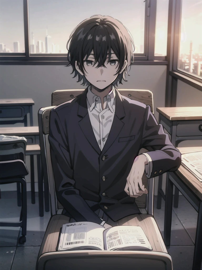 ((best quality)), ((masterpiece)), (detailed), boy, high , uniform, bored look, blank look, disinterested look, resting on desk, school chair, empty classroom, black hair, black eyes, sketch, alone, short hair. half body, face, gloomy, dark eyes, manga, light novel, illustration, solo.