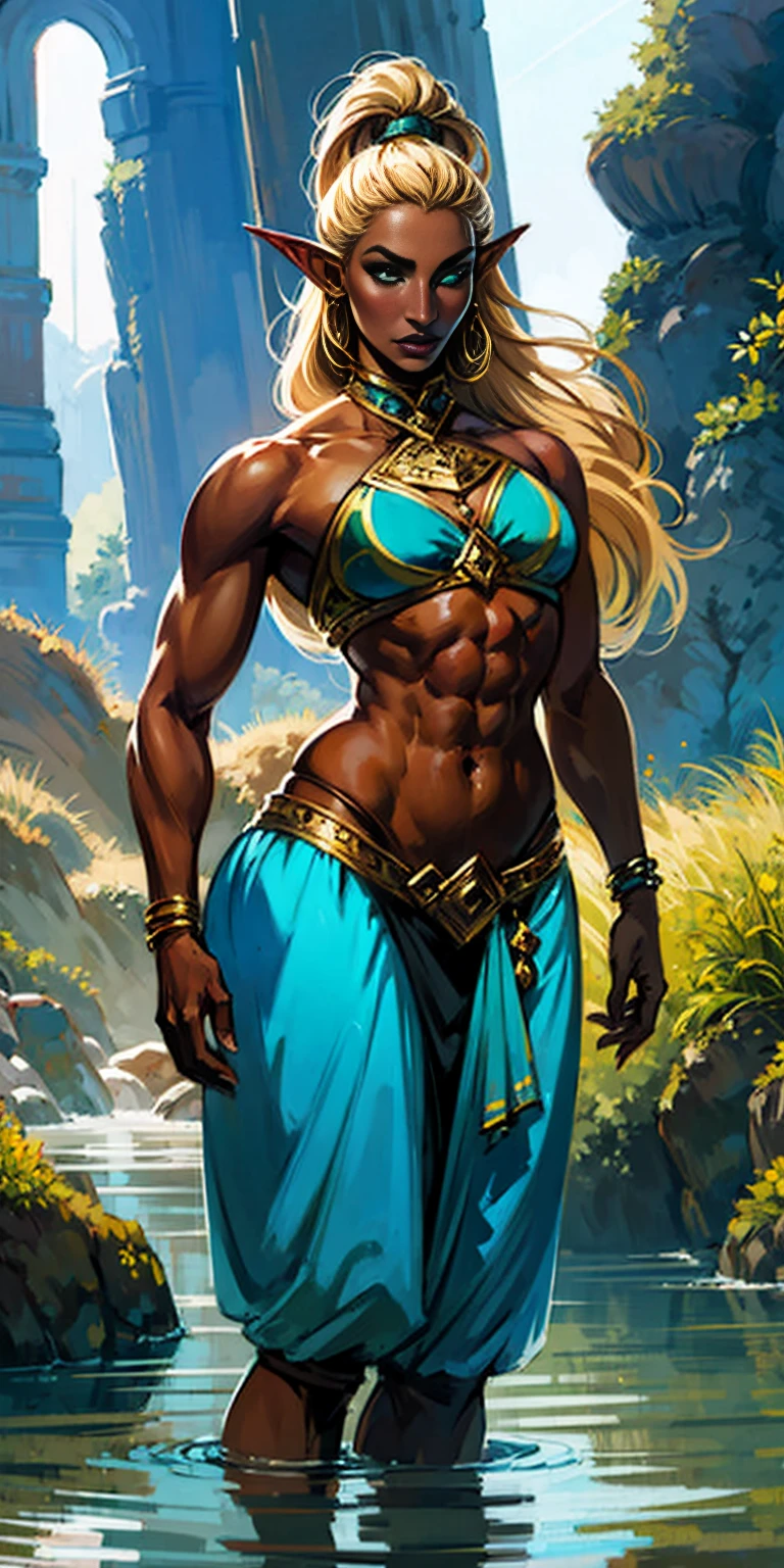 Extremely detailed Artgerm style: This sets the overall artistic style with a high level of detail. Fantasy art: This specifies the genre. Goddess of the green forest: This defines the character's role and gives context to the setting. Woman with long, elf ears: This incorporates the elf features. Black skin: This specifies the character's race. Ornate bikini armor: This combines the skimpy clothing with a fantastical, protective element. Blue high heels standing straight symmetrical: This suggests the color of the bikini and potentially the water body. Long, messy blonde hair: This adds a detail that contrasts the Artgerm style, which is typically more polished for hair.