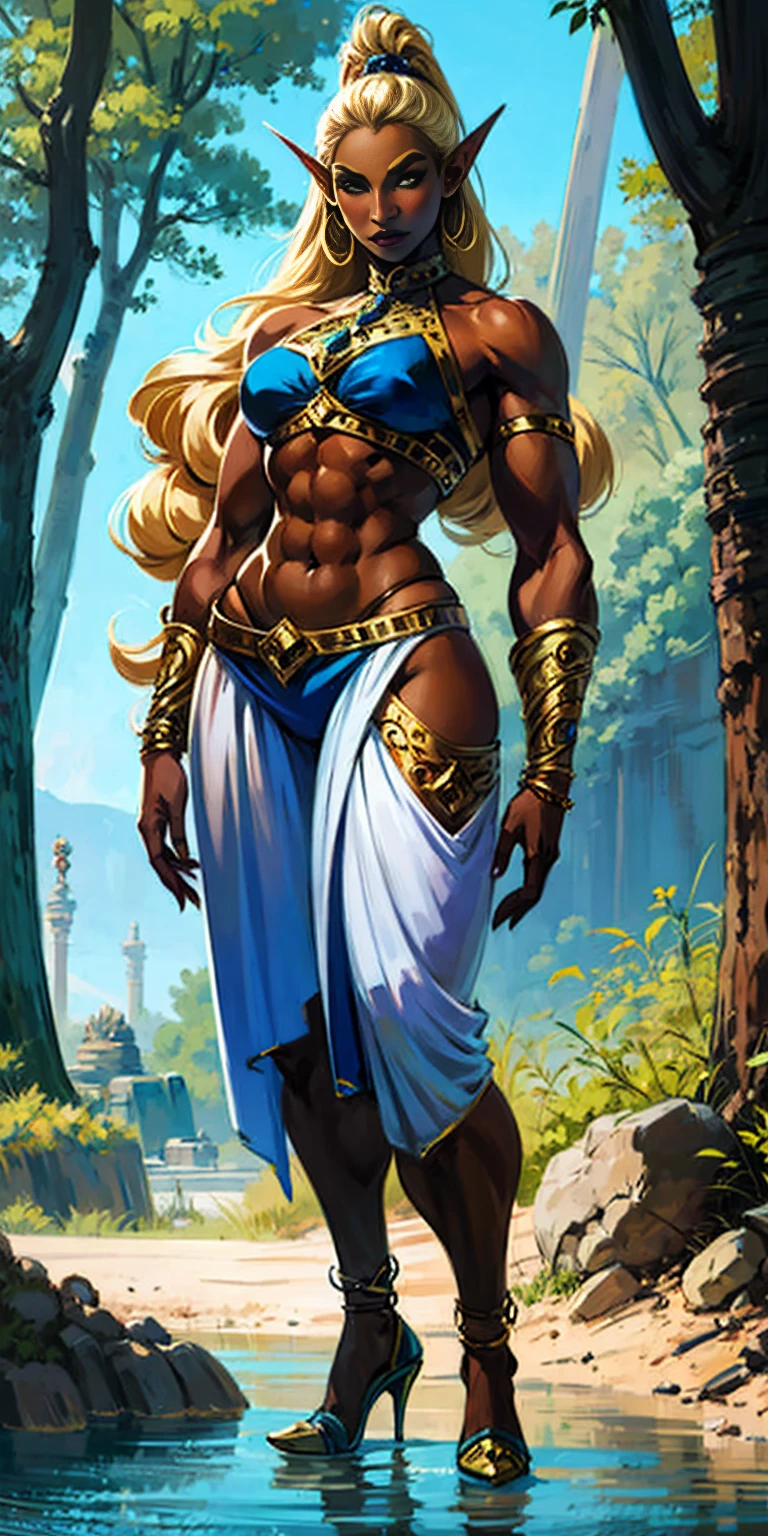 Extremely detailed Artgerm style: This sets the overall artistic style with a high level of detail. Fantasy art: This specifies the genre. Goddess of the green forest: This defines the character's role and gives context to the setting. Woman with long, elf ears: This incorporates the elf features. Black skin: This specifies the character's race. Ornate bikini armor: This combines the skimpy clothing with a fantastical, protective element. Blue high heels standing straight symmetrical: This suggests the color of the bikini and potentially the water body. Long, messy blonde hair: This adds a detail that contrasts the Artgerm style, which is typically more polished for hair.