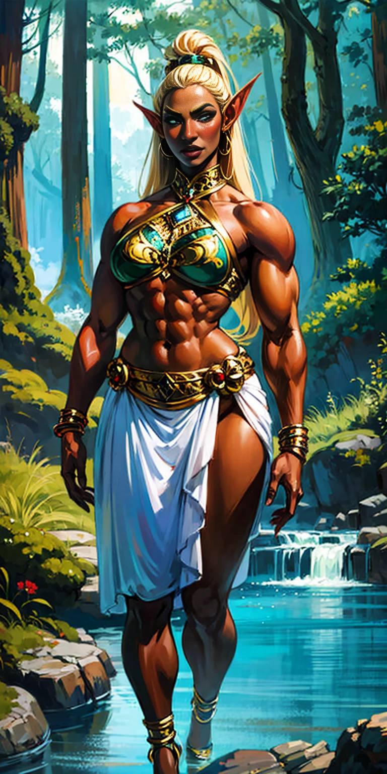 Extremely detailed Artgerm style: This sets the overall artistic style with a high level of detail. Fantasy art: This specifies the genre. Goddess of the green forest: This defines the character's role and gives context to the setting. Woman with long, elf ears: This incorporates the elf features. Black skin: This specifies the character's race. Ornate bikini armor: This combines the skimpy clothing with a fantastical, protective element. Blue high heels standing straight symmetrical: This suggests the color of the bikini and potentially the water body. Long, messy blonde hair: This adds a detail that contrasts the Artgerm style, which is typically more polished for hair.